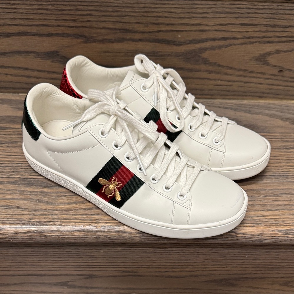 Gucci White Sneakers with Red and Green Accents